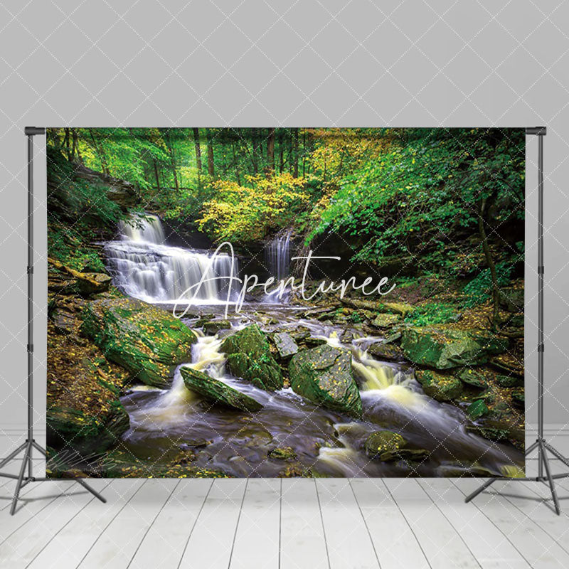 Aperturee - Aperturee Serene River Cascad Waterfalls Autumn-Toned Backdrop