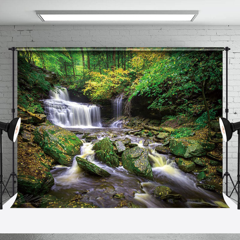 Aperturee - Aperturee Serene River Cascad Waterfalls Autumn-Toned Backdrop