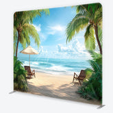 Aperturee - Aperturee Serene Tropical Beach with Palm Trees and Ocean Waves Square Double-Sided Backdrop Perfect for Summer Vacation