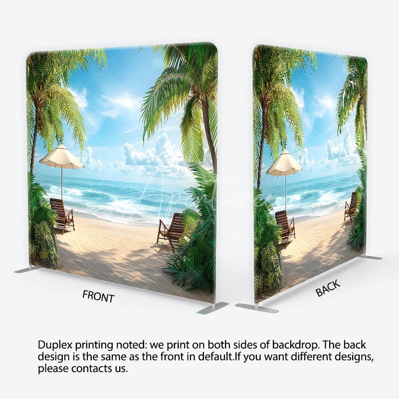 Aperturee - Aperturee Serene Tropical Beach with Palm Trees and Ocean Waves Square Double-Sided Backdrop Perfect for Summer Vacation