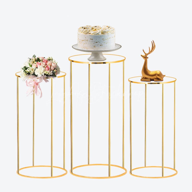 Aperturee 3pcs Cake Display Cylinder Stand Gold Metal Pedestals Plinths