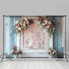 Aperturee - Aperturee Shabby Chic Floral Retro Wall Backdrop Distressed Wood and Pink Frame Photography Background