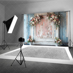 Aperturee - Aperturee Shabby Chic Floral Retro Wall Backdrop Distressed Wood and Pink Frame Photography Background