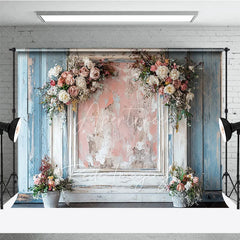Aperturee - Aperturee Shabby Chic Floral Retro Wall Backdrop Distressed Wood and Pink Frame Photography Background