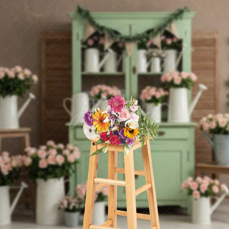 Aperturee Aperturee Shabby Chic Flower Shop Photography Backdrop Sage Green Cabinet with Pink Roses Vintage Farmhouse Photo Prop
