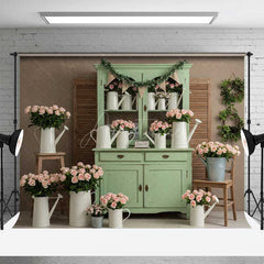 Aperturee Aperturee Shabby Chic Flower Shop Photography Backdrop Sage Green Cabinet with Pink Roses Vintage Farmhouse Photo Prop