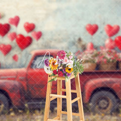 Aperturee - Aperturee Shabby Wall Red Balloons Retro Truck Floral Backdrop