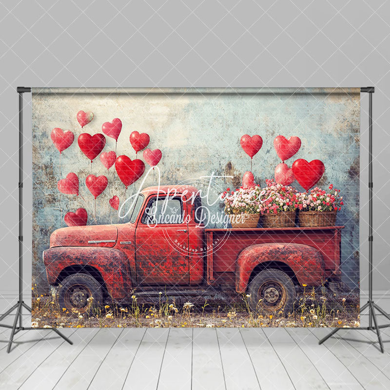 Aperturee - Aperturee Shabby Wall Red Balloons Retro Truck Floral Backdrop