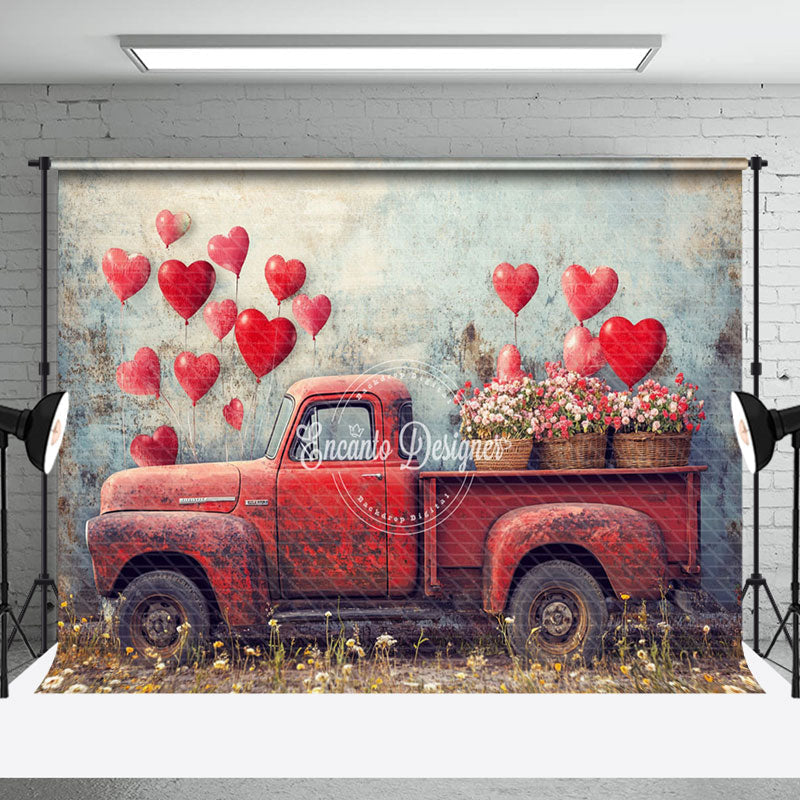 Aperturee - Aperturee Shabby Wall Red Balloons Retro Truck Floral Backdrop
