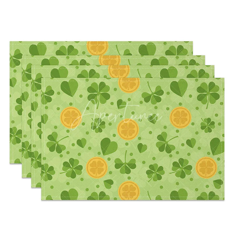 Aperturee - Aperturee Shamrocks and Golden Coins Set of 4 Placemats St. Patricks Day Lucky Clover Green Dining Table Mats