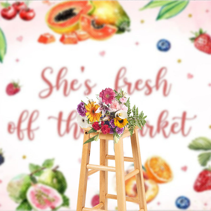Aperturee - Aperturee She’s Fresh Off The Market Bridal Shower Backdrop Watercolor Fruit Theme Fun Bachelorette Party Photo Prop