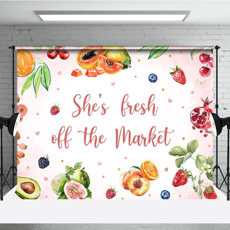 Aperturee - Aperturee She’s Fresh Off The Market Bridal Shower Backdrop Watercolor Fruit Theme Fun Bachelorette Party Photo Prop