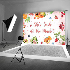 Aperturee - Aperturee She’s Fresh Off The Market Bridal Shower Backdrop Watercolor Fruit Theme Fun Bachelorette Party Photo Prop