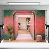 Aperturee - Aperturee Shimmering Green and Pink Glitter Gradient Archway Photography Backdrop Vibrant Party Celebration Decor