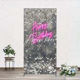 Aperturee - Aperturee Shimmering Silver Sequin Happy Birthday Neon Pink Rectangle Arch Backdrop Glamorous Party Decoration