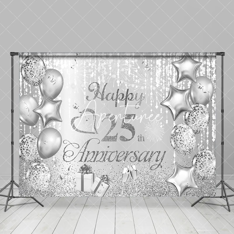 Aperturee - Aperturee Shining Silver Balloon Gift 25Th Anniversary Backdrop