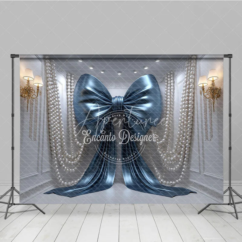 Aperturee - Aperturee Shiny Blue Bow with Elegant Pearls and Gold Sconces Photography Backdrop Luxurious Party Decor