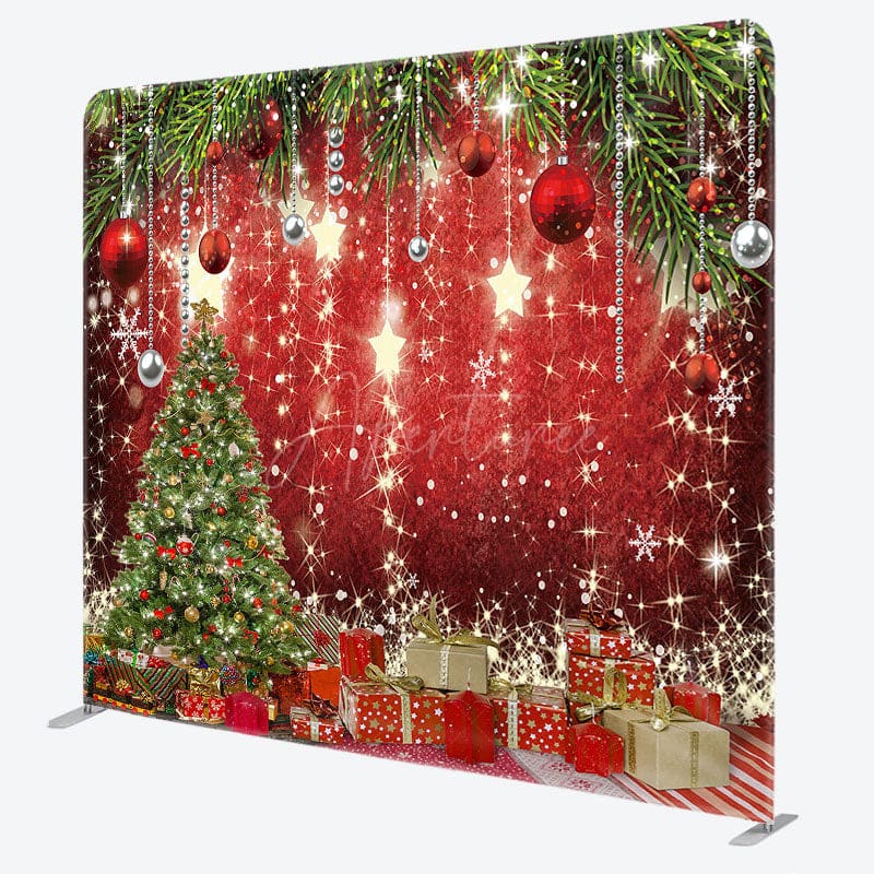 Aperturee - Aperturee Shiny Stars Christmas Tree Red Pillow Case Backdrop
