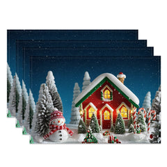Aperturee - Aperturee Silent Night Snowman House Xmas Set Of 4 Placemats