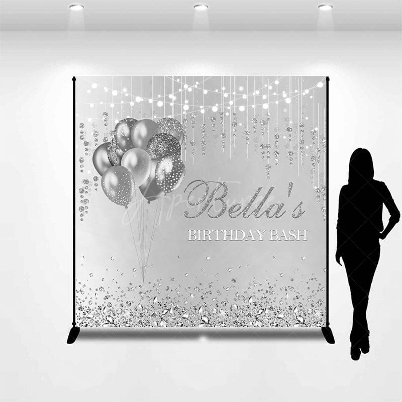 Aperturee - Aperturee Silver Balloons Custom Name Birthday Bash Backdrop