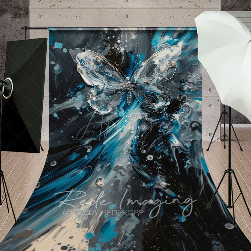 Aperturee - Aperturee Silver Blue Abstract Butterfly Fine Art Sweep Backdrop