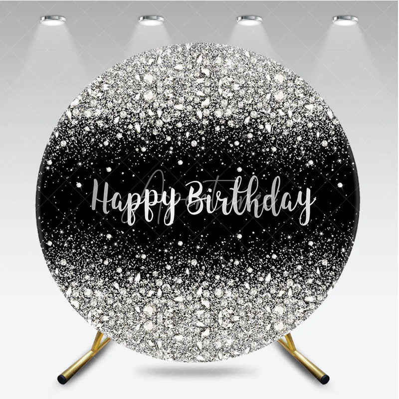 Aperturee - Aperturee Silver Diamond Glitter Round Backdrop Black Sparkle Birthday Photography Background