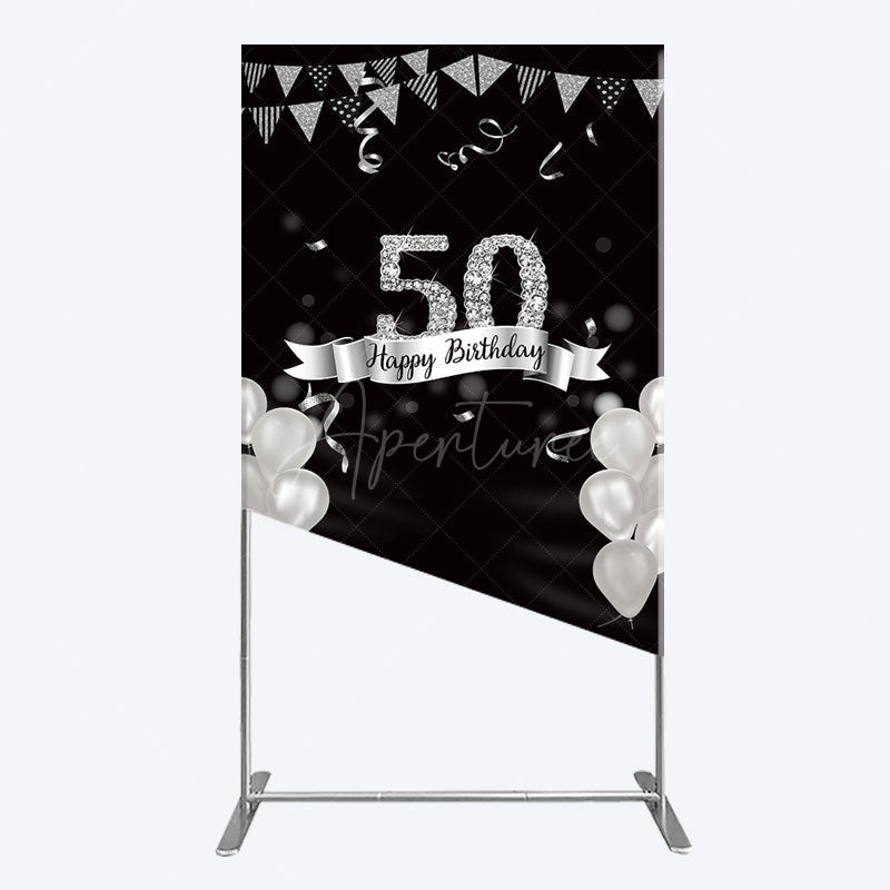 Aperturee - Aperturee Silver Glitter Balloon 50 Birthday Rectangle Backdrop