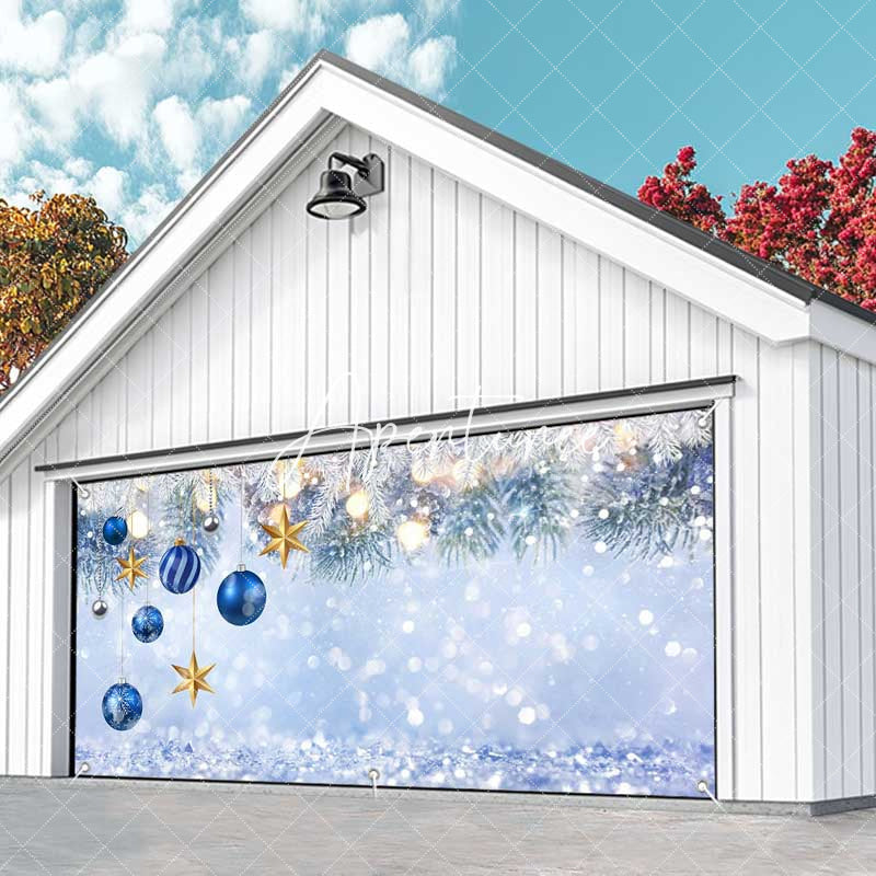 Aperturee - Aperturee Silver Glitter Blue Bauble Xmas Garage Door Banner
