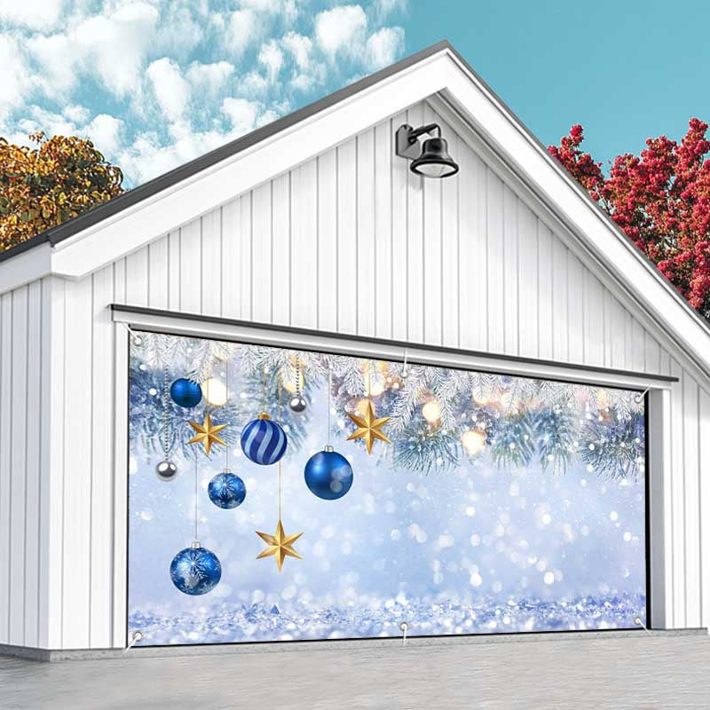 Aperturee - Aperturee Silver Glitter Blue Bauble Xmas Garage Door Banner