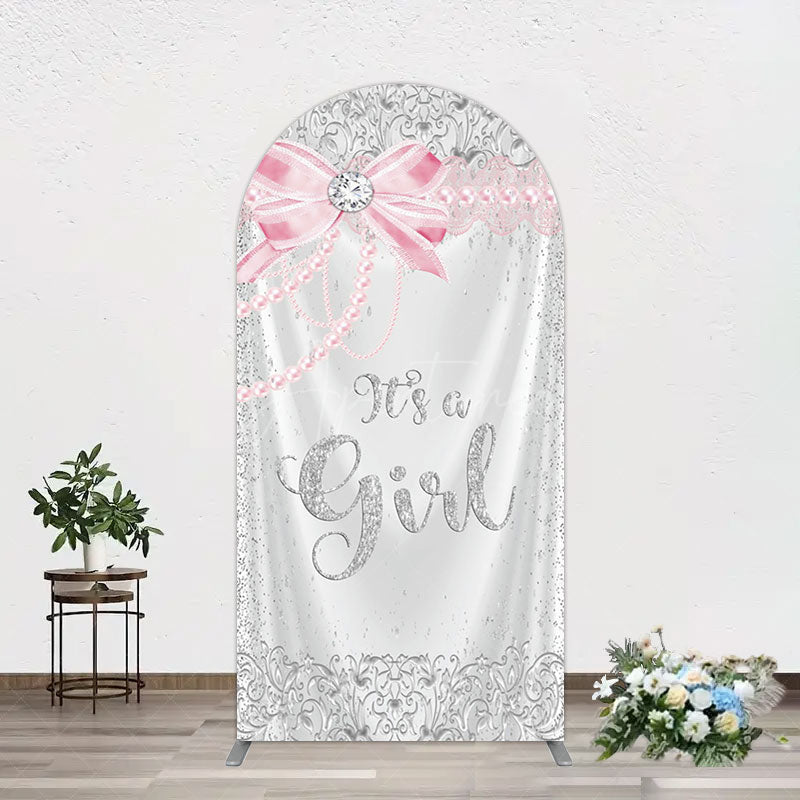 Aperturee - Aperturee Silver Glitter Pink Bow Its A Girl Arch Backdrop