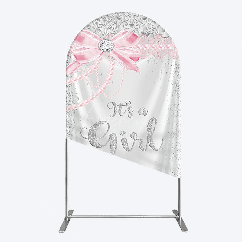 Aperturee - Aperturee Silver Glitter Pink Bow Its A Girl Arch Backdrop