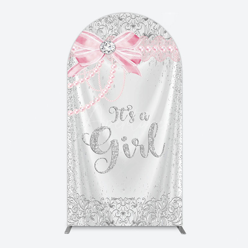 Aperturee - Aperturee Silver Glitter Pink Bow Its A Girl Arch Backdrop
