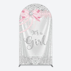 Aperturee - Aperturee Silver Glitter Pink Bow Its A Girl Arch Backdrop
