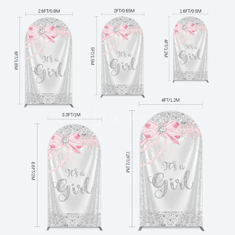 Aperturee - Aperturee Silver Glitter Pink Bow Its A Girl Arch Backdrop