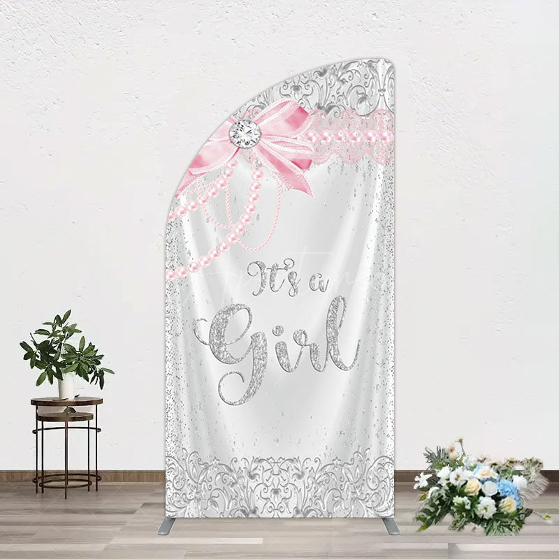 Aperturee - Aperturee Silver Glitter Pink Bow Its A Girl Half Moon Arch Backdrop