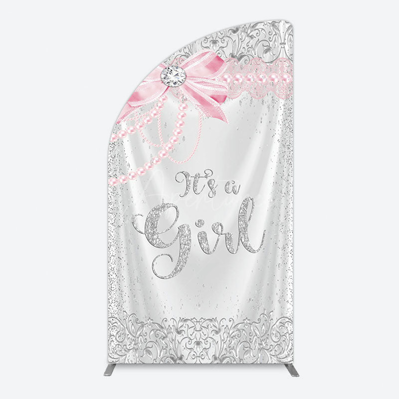 Aperturee - Aperturee Silver Glitter Pink Bow Its A Girl Half Moon Arch Backdrop