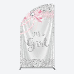 Aperturee - Aperturee Silver Glitter Pink Bow Its A Girl Half Moon Arch Backdrop