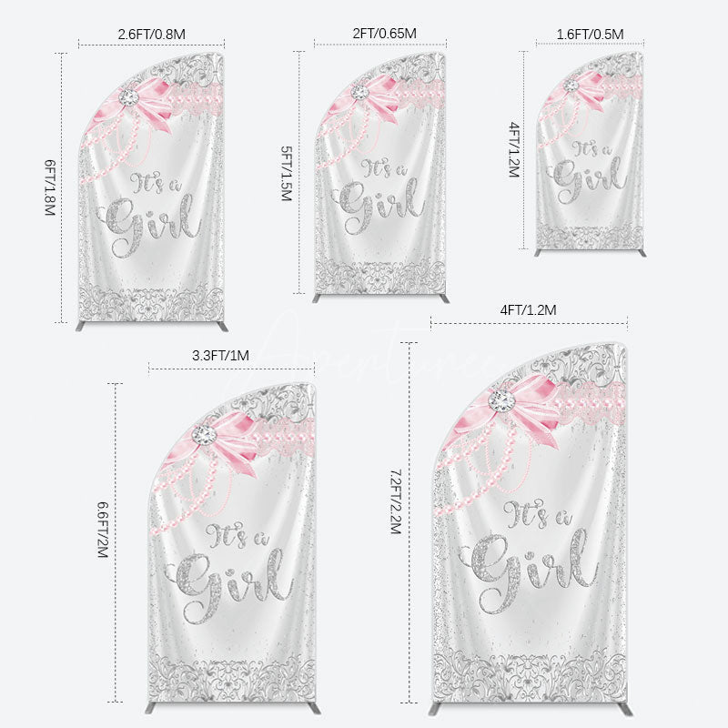 Aperturee - Aperturee Silver Glitter Pink Bow Its A Girl Half Moon Arch Backdrop