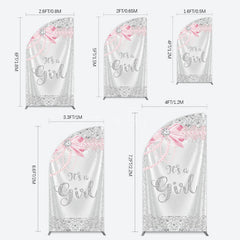 Aperturee - Aperturee Silver Glitter Pink Bow Its A Girl Half Moon Arch Backdrop