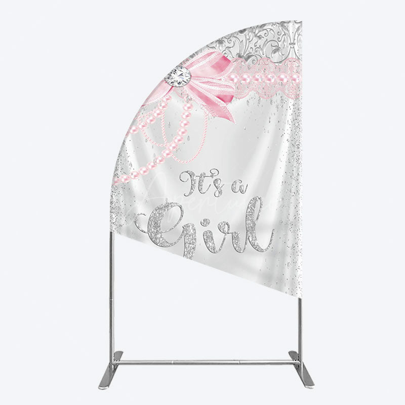 Aperturee - Aperturee Silver Glitter Pink Bow Its A Girl Half Moon Arch Backdrop