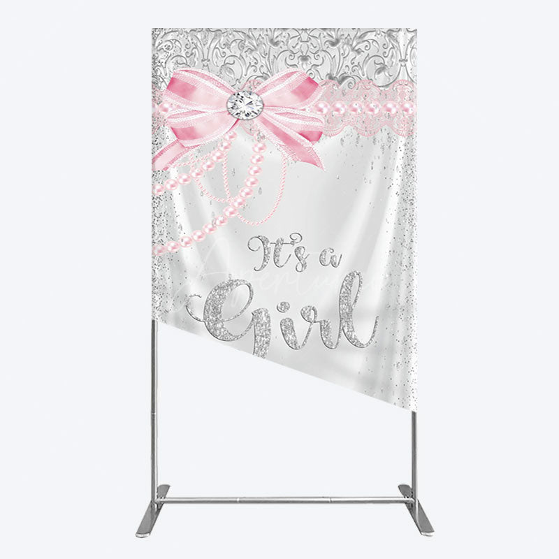 Aperturee - Aperturee Silver Glitter Pink Bow Its A Girl Rectangle Backdrop