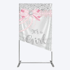 Aperturee - Aperturee Silver Glitter Pink Bow Its A Girl Rectangle Backdrop