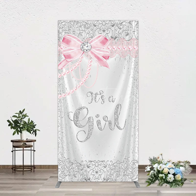 Aperturee - Aperturee Silver Glitter Pink Bow Its A Girl Rectangle Backdrop