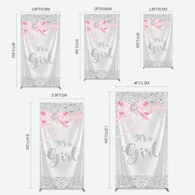Aperturee - Aperturee Silver Glitter Pink Bow Its A Girl Rectangle Backdrop