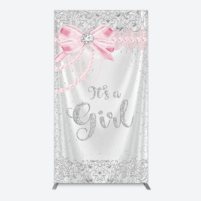 Aperturee - Aperturee Silver Glitter Pink Bow Its A Girl Rectangle Backdrop