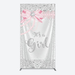 Aperturee - Aperturee Silver Glitter Pink Bow Its A Girl Rectangle Backdrop
