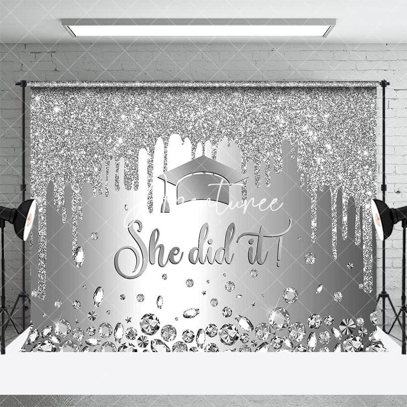 Aperturee - Aperturee Silver Glitter She Did It Cap Congrats Grad Backdrop