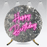 Aperturee - Aperturee Silver Sequin Neon Pink Happy Birthday Round Backdrop Sparkling Glamorous Disco Party Decoration
