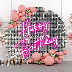 Aperturee - Aperturee Silver Sequin Neon Pink Happy Birthday Round Backdrop Sparkling Glamorous Disco Party Decoration