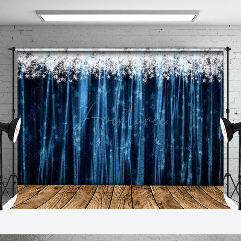 Aperturee - Aperturee Silver Sparkle Blue Curtain Wood New Year Backdrop